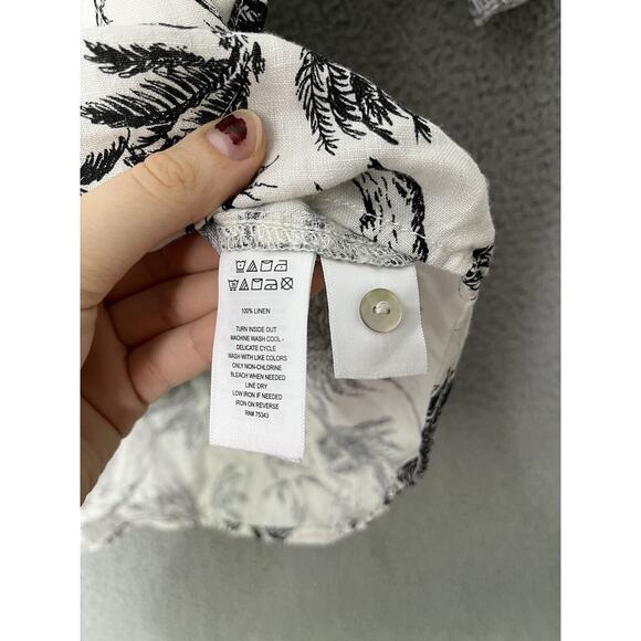 Joie Button Top Medium Linen Floral Animals Long Sleeve Roll Tab White Beach - Picture 10 of 14